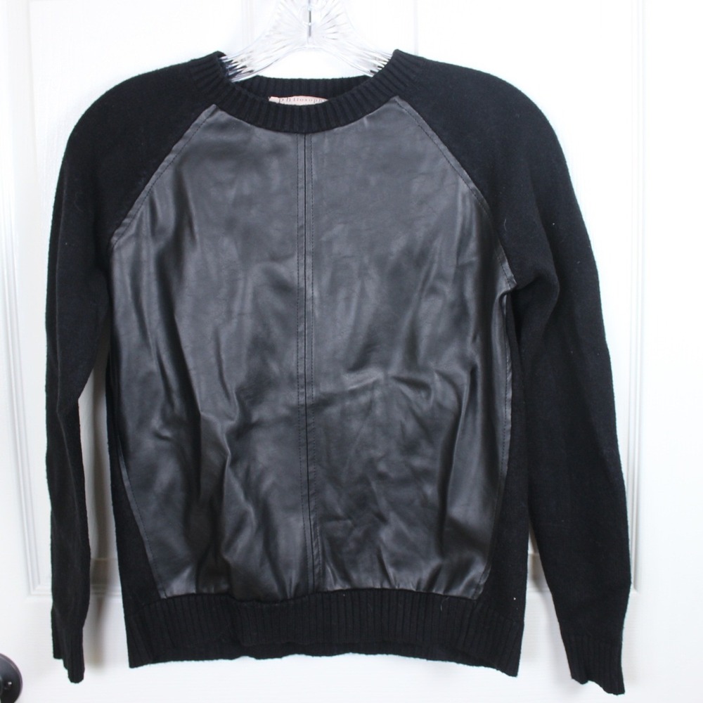 Philosophy Republic‎ Clothing Black Faux Leather Front Mixed Media Sweater XS